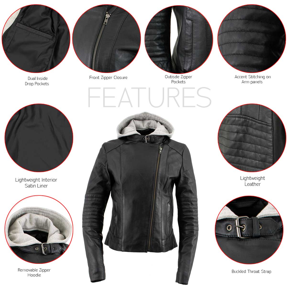 Milwaukee Leather LKL2737 Women's Black Premium Leather Motorcycle Biker Racer Style Scuba Jacket w/ Hoodie - Image 4