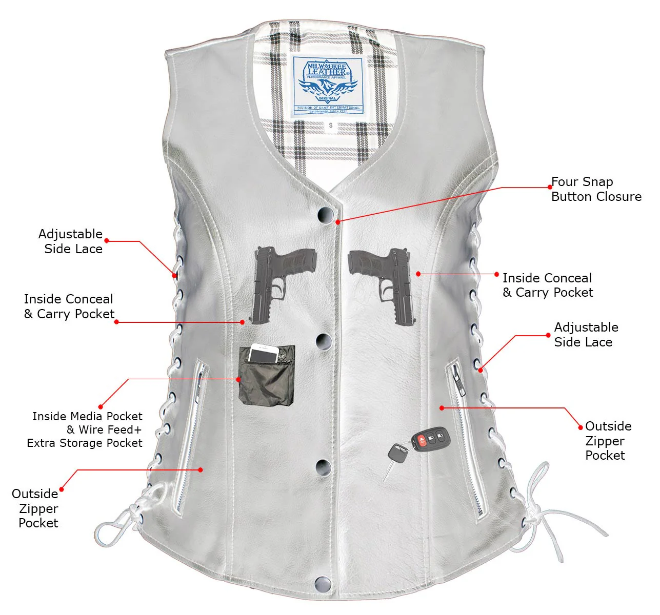 Milwaukee Leather LKL4710 Women's Black Premium Leather Motorcycle Biker Rider Vest w/ Snap Button Closure - Image 2