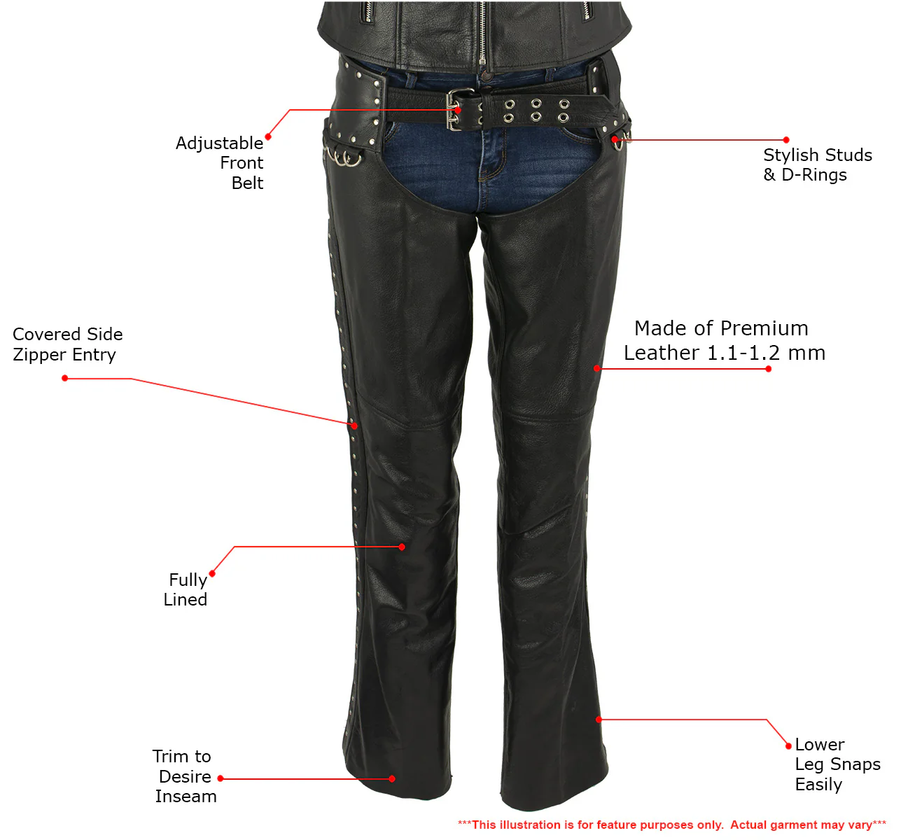 Milwaukee Leather LKL6705 Women's Classic Black Leather Motorcycle Biker Rider Chaps w/ Rivet Detail - Image 2