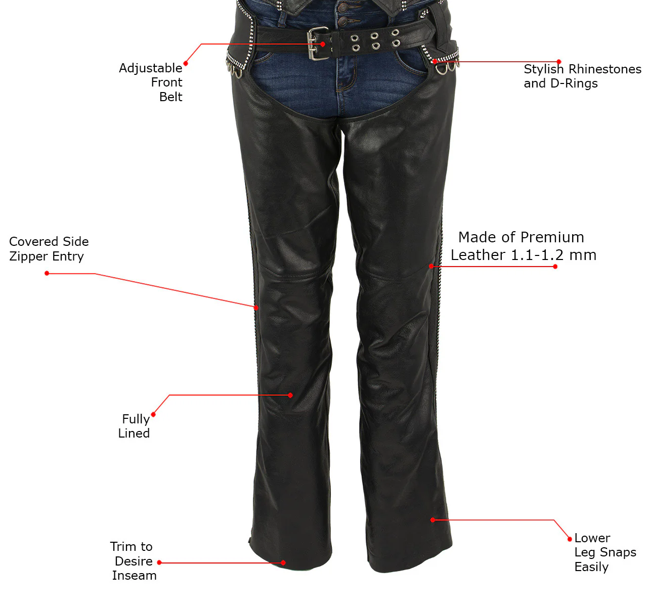 Milwaukee Leather LKL6706 Women's Classic Black Leather Motorcycle Biker Rider Chaps w/ Bling Detail - Image 2