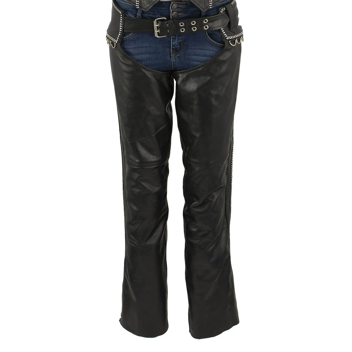 Milwaukee Leather LKL6706 Women's Classic Black Leather Motorcycle Biker Rider Chaps w/ Bling Detail - Image 5