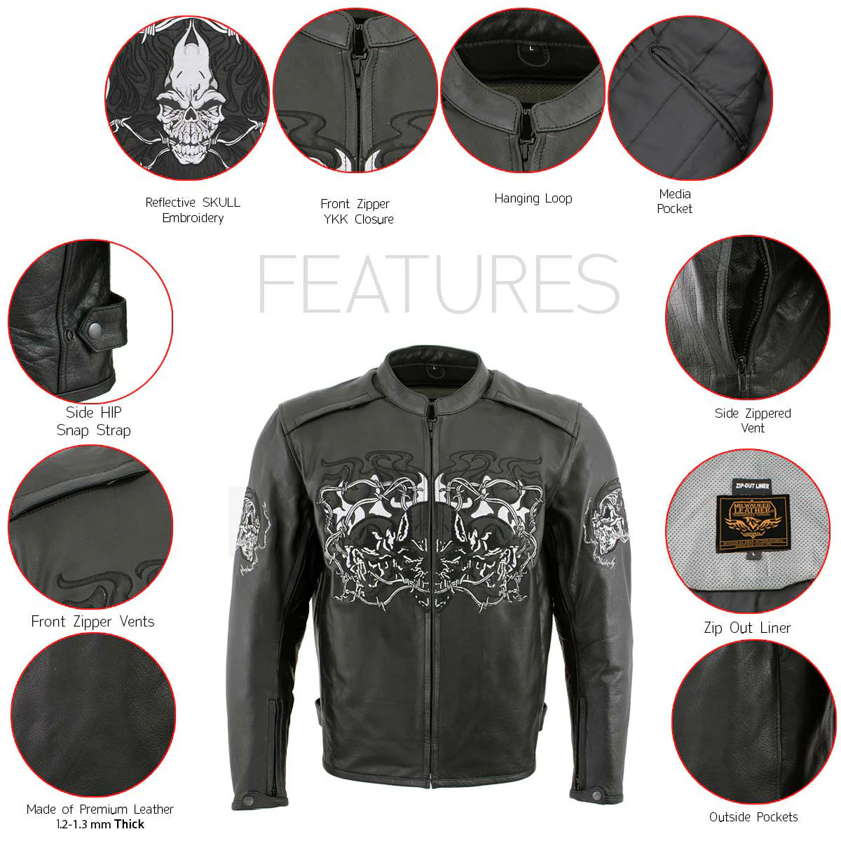 Milwaukee Leather LKM17008 Men's Premium Black Reflective Skulls Cruiser Style Motorcycle Jacket w/ CE Armor - Image 2