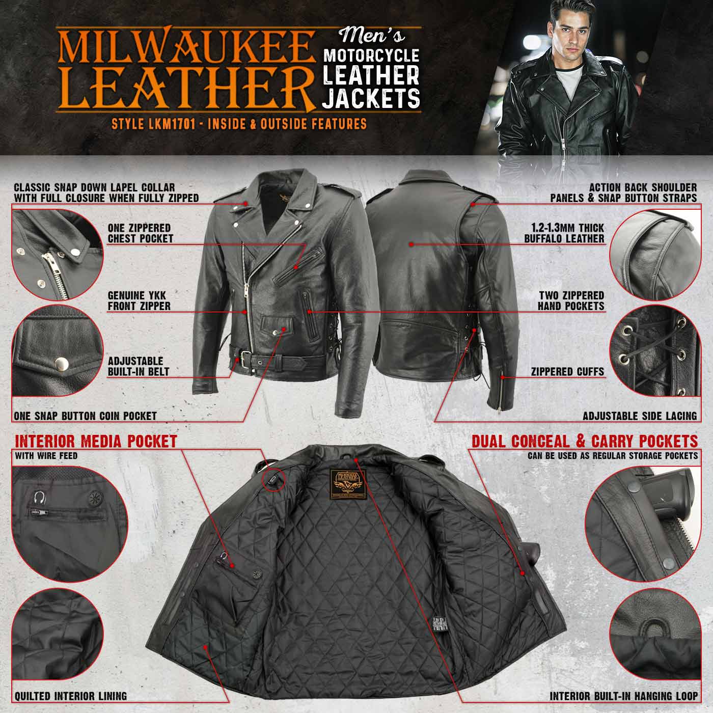 Milwaukee Leather LKM1701 Men's Classic Side Laced Black Motorcycle Premium Leather Jacket with CE Armor Protection - Image 2