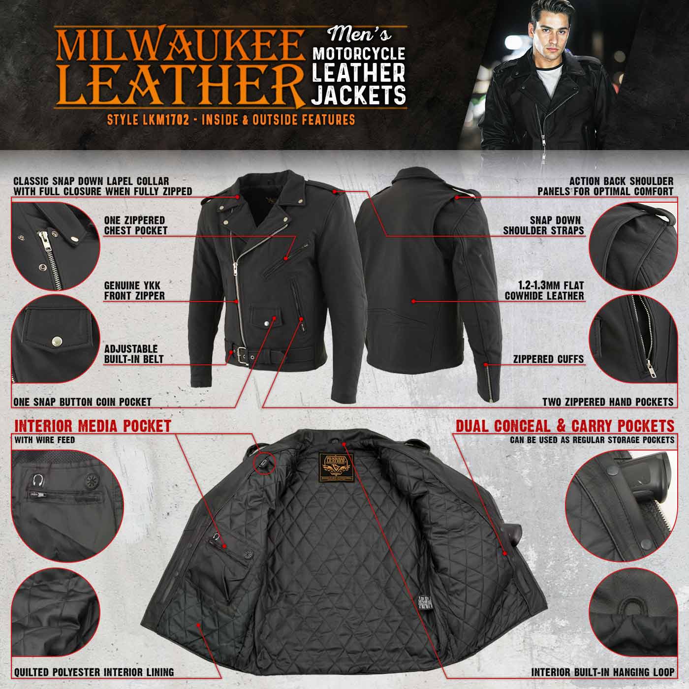 Milwaukee Leather LKM1702 Men's Vintage Flat Black Motorcycle Biker Leather Jacket w/ CE Armor Protection - Image 2
