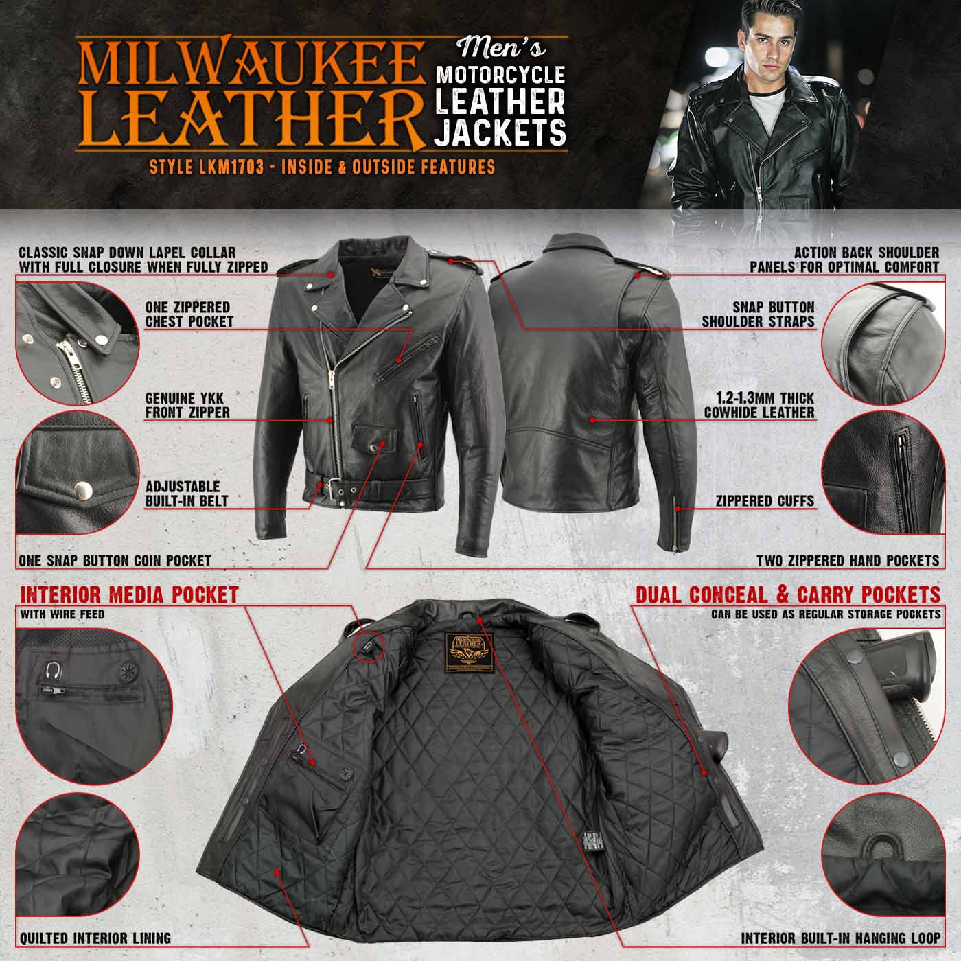 Milwaukee Leather LKM1703 Men's Classic Black Premium Leather Motorcycle Biker Rider Jacket - Image 2