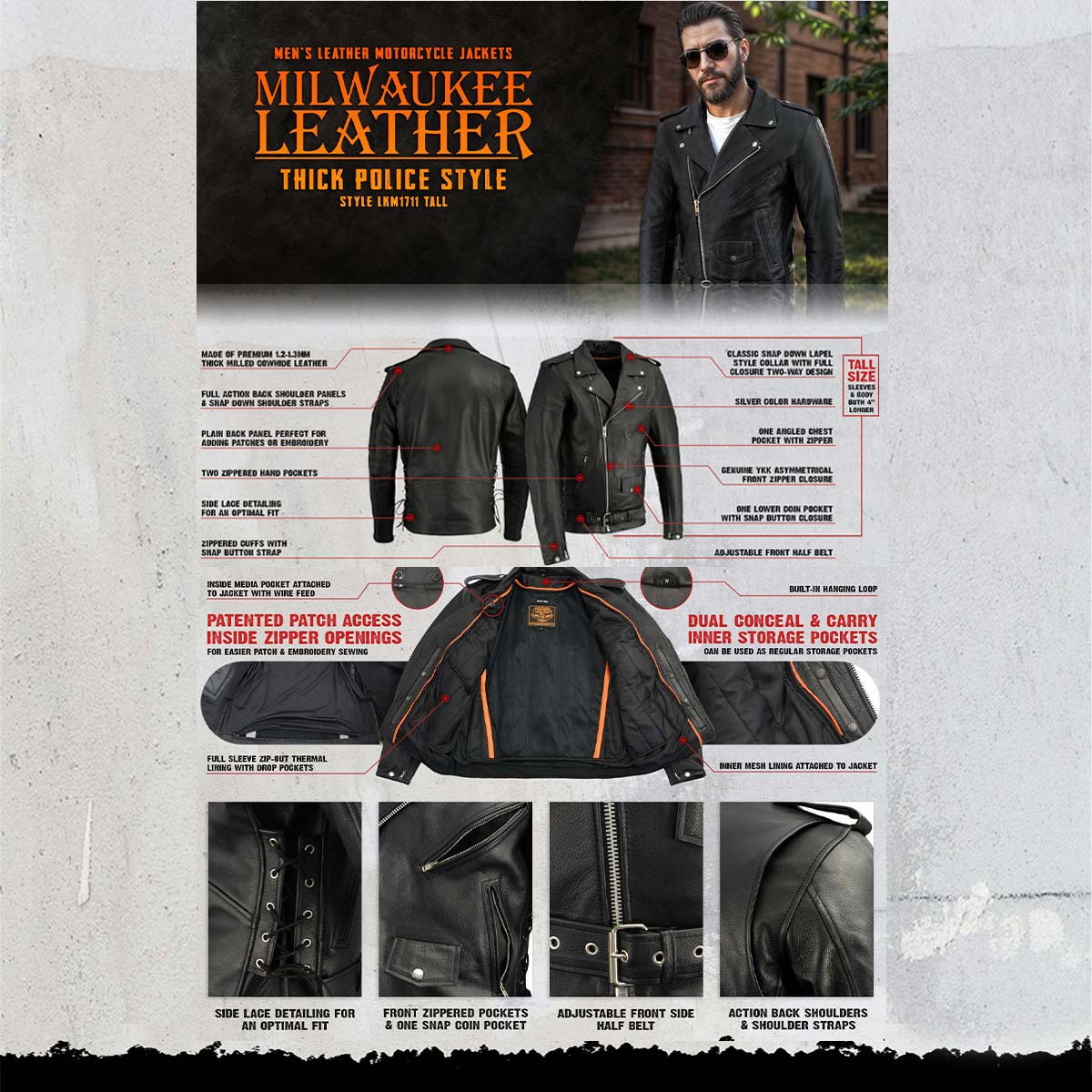 Milwaukee Leather LKM1711TALL Men's Black Tall-Sizes Side Lace Police Style Leather Jacket - Image 2