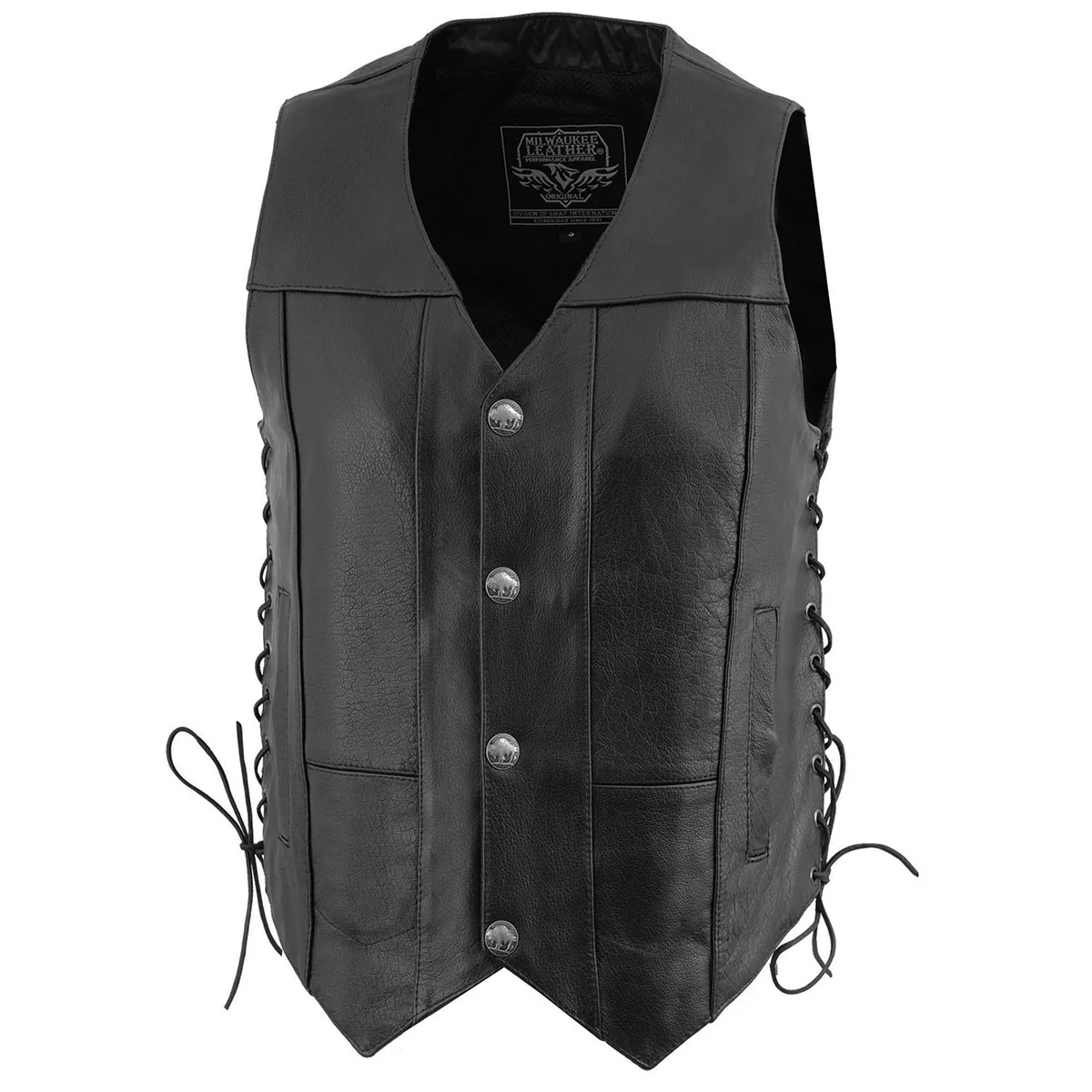 Milwaukee Leather LKM3701 Men's Black Leather Classic V-Neck Motorcycle Rider Vest w/ Buffalo Snaps and Side Laces - Image 5