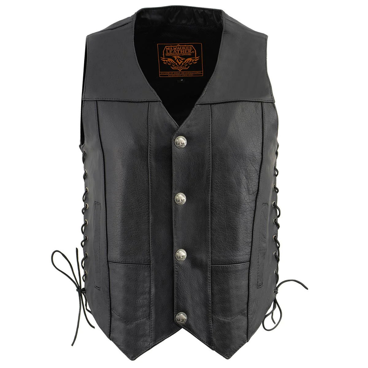 Milwaukee Leather LKM3701 Men's Black Leather Classic V-Neck Motorcycle Rider Vest w/ Buffalo Snaps and Side Laces - Image 6
