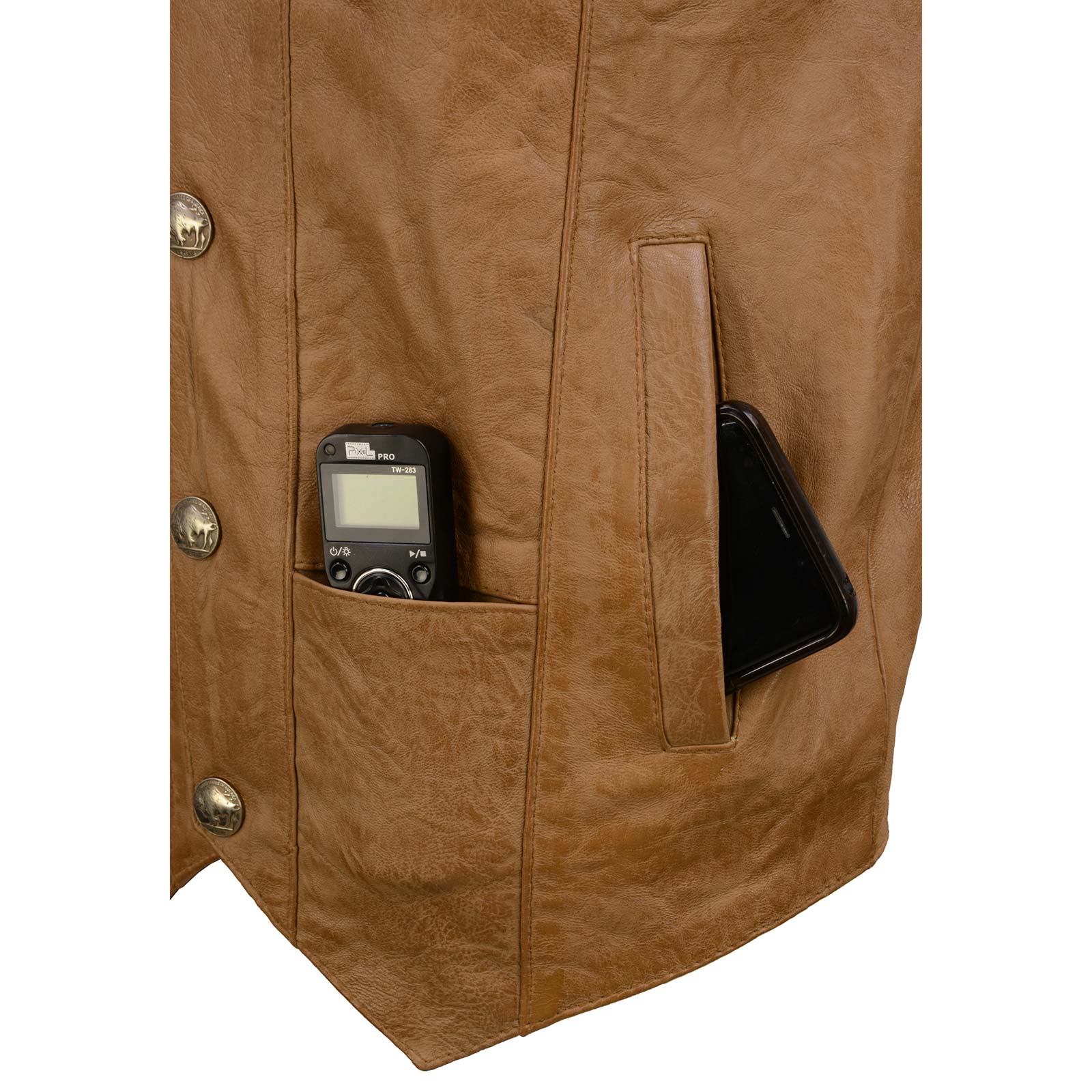 Milwaukee Leather LKM3702 Men's Saddle Leather Classic V-Neck Western Style Motorcycle Rider Vest w/ Buffalo Snaps - Image 6
