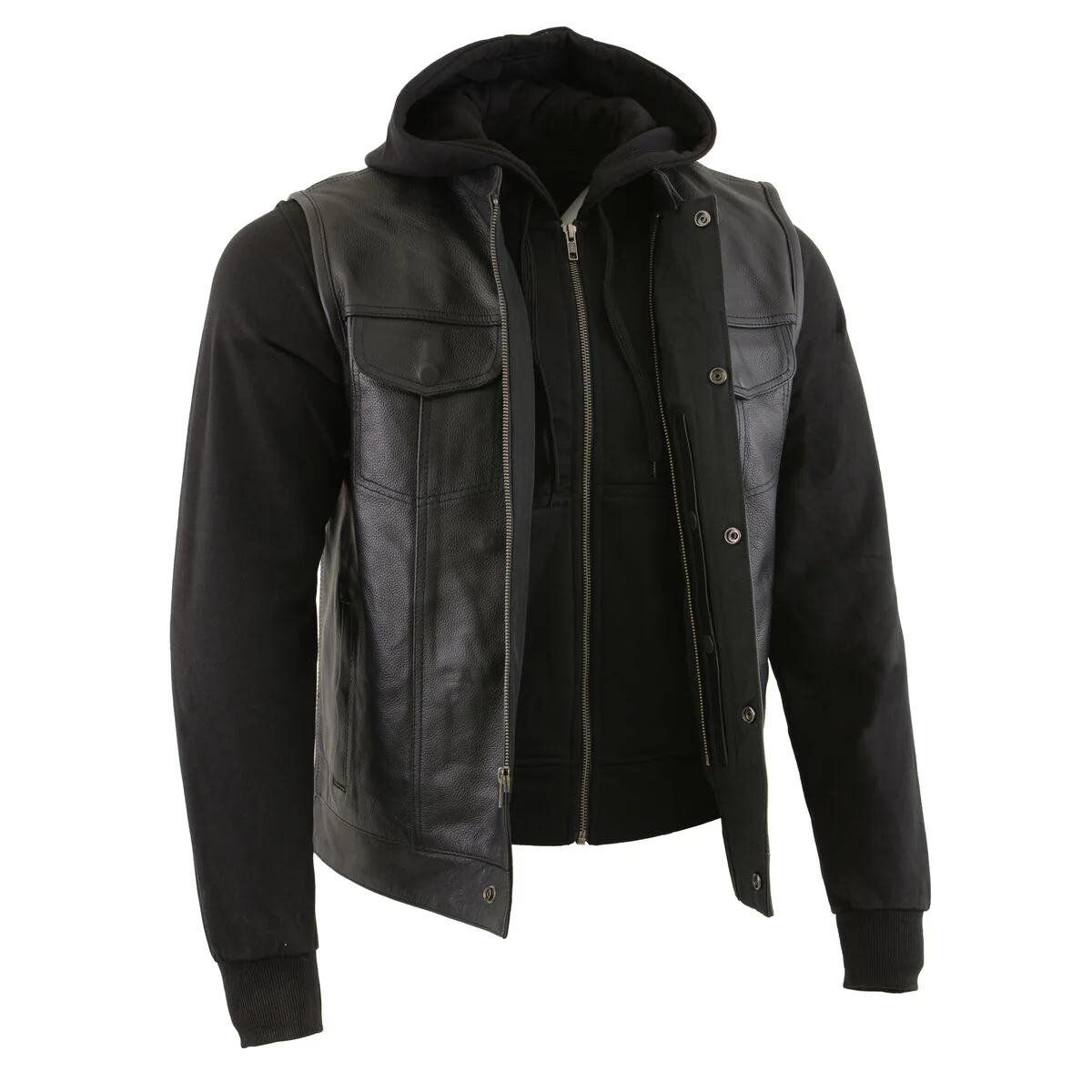 Milwaukee Leather LKM3714 Men's Black Club Style '2 in 1' Zipper Leather Vest with Removable Full Sleeve Hoodie - Image 9