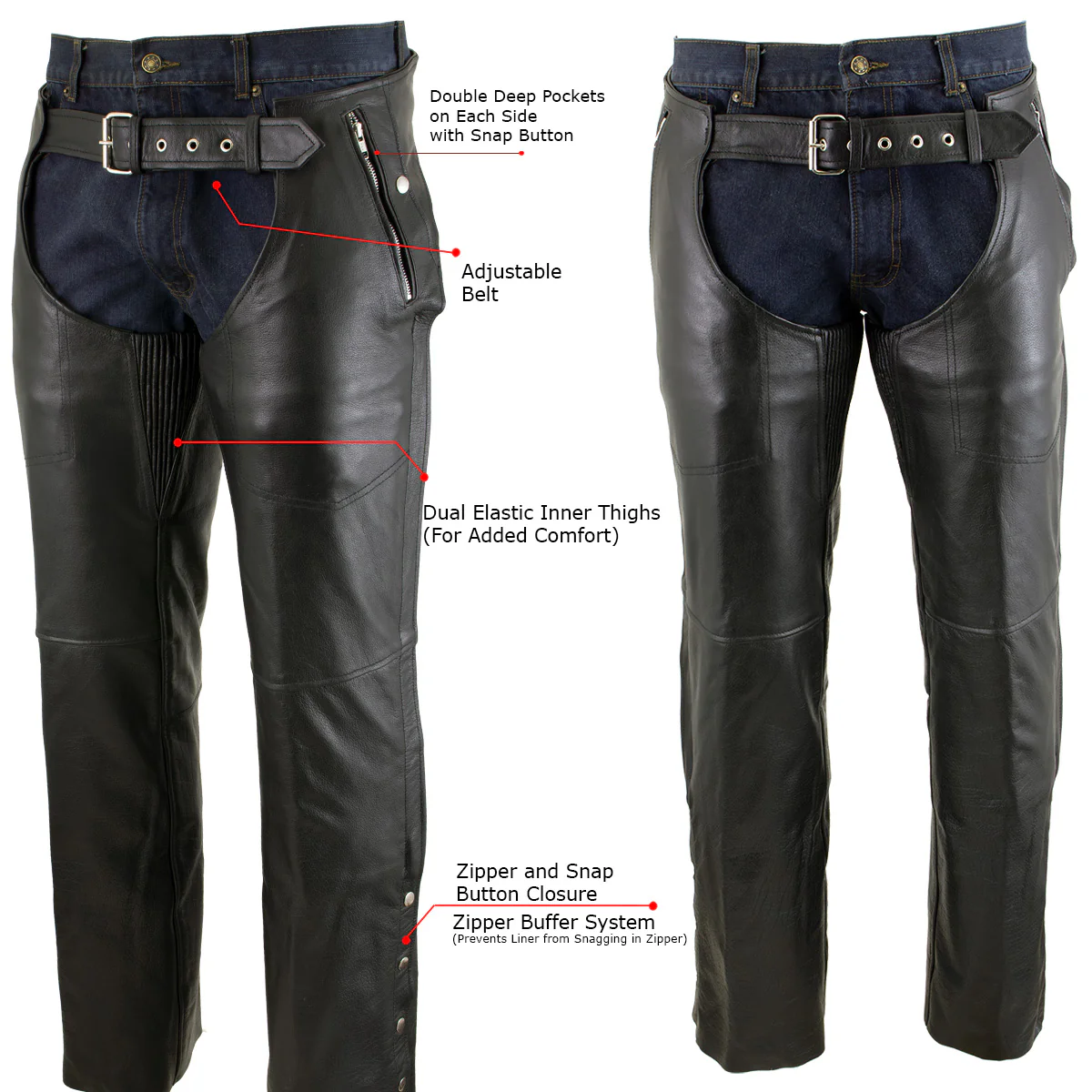 Milwaukee Leather LKM5714 Men's Black Premium Leather Motorcycle Riding Chaps w/ Removable Insulating Liner - Image 2