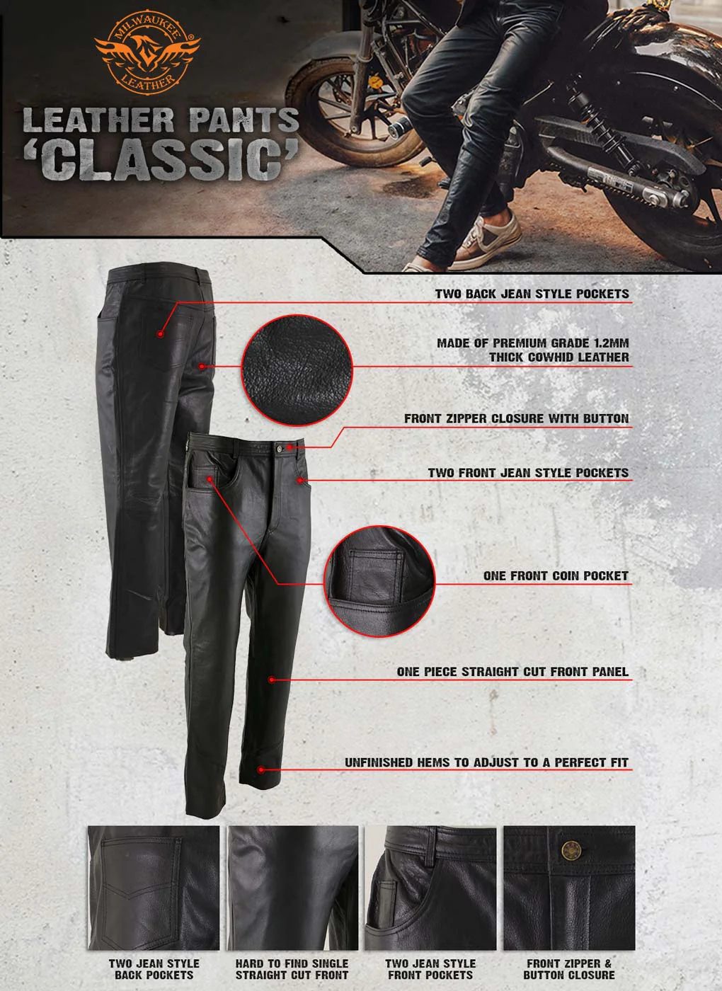 Milwaukee Leather LKM5716 Men's Classic Black Premium Leather Fitted Casual Biker Leather Pants - Image 4