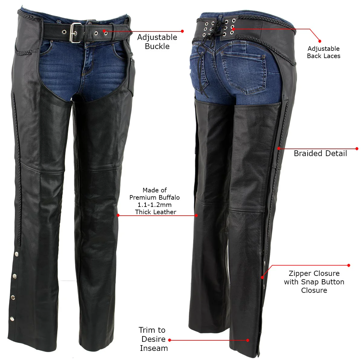 Milwaukee Leather LKM5725 Women's Braided Black Premium Leather Motorcycle Rider Chaps - Image 2