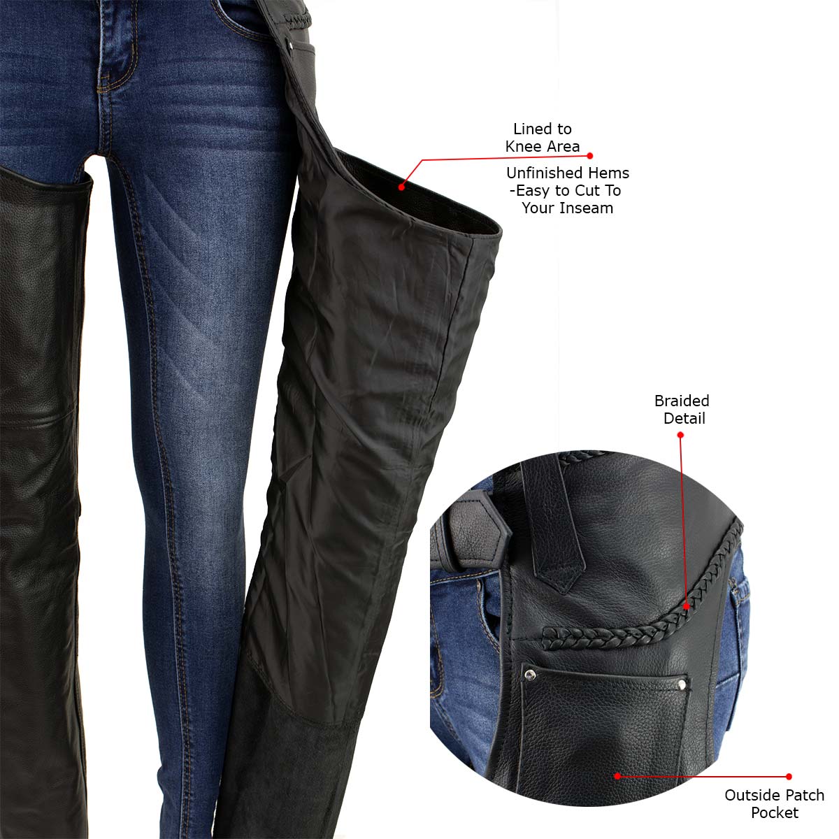 Milwaukee Leather LKM5725 Women's Braided Black Premium Leather Motorcycle Rider Chaps - Image 4