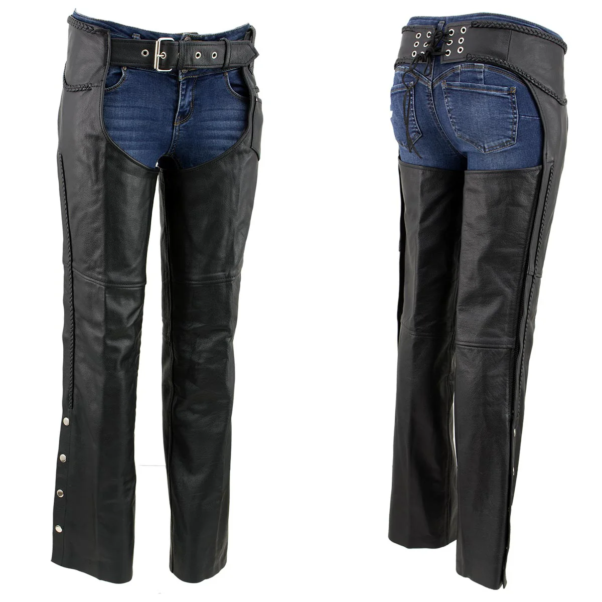 Milwaukee Leather LKM5725 Women's Braided Black Premium Leather Motorcycle Rider Chaps - Image 5