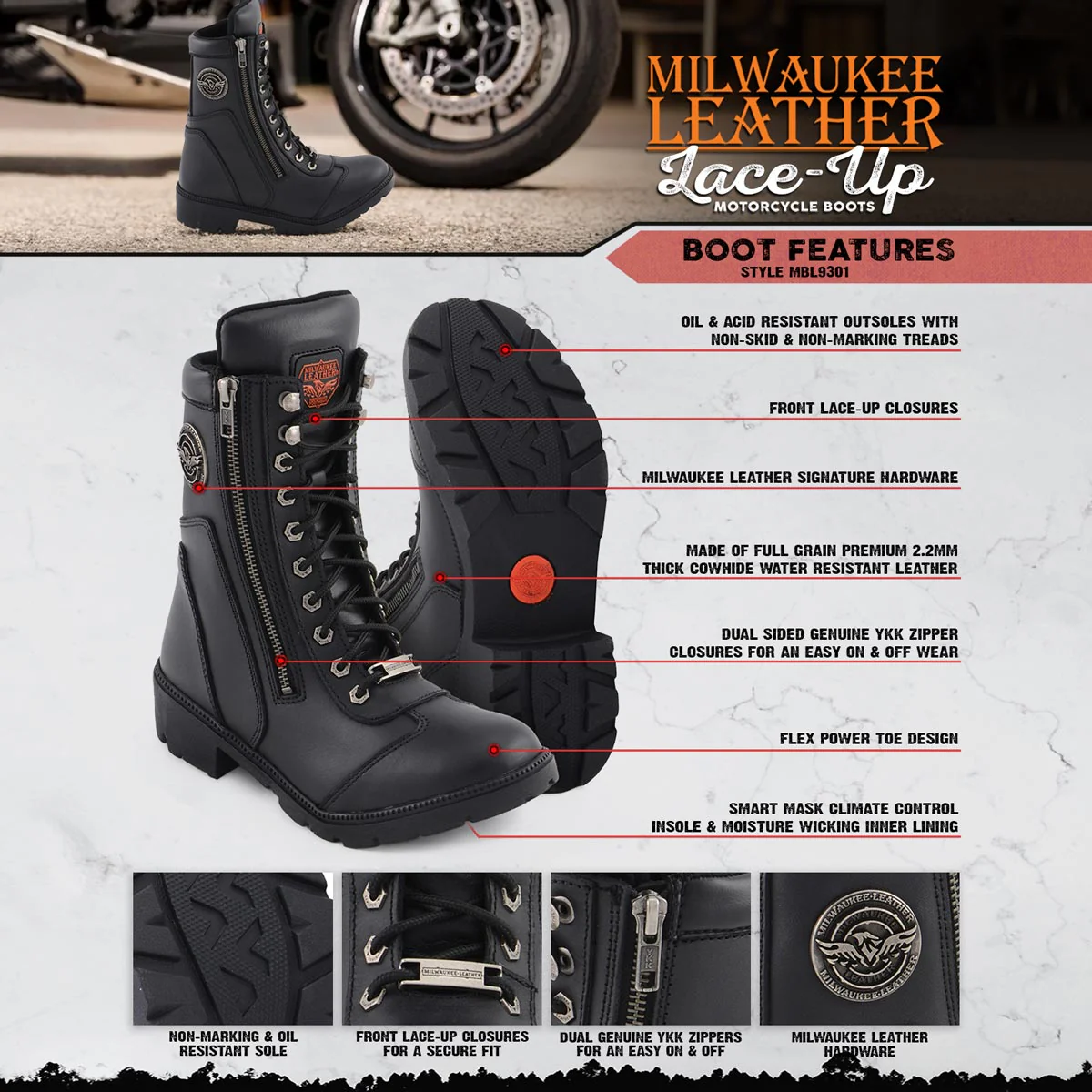 Milwaukee Leather MBL9301 Women's Black Leather Lace-Up Motorcycle Biker Riding Boots with Side Zipper Entry - Image 2