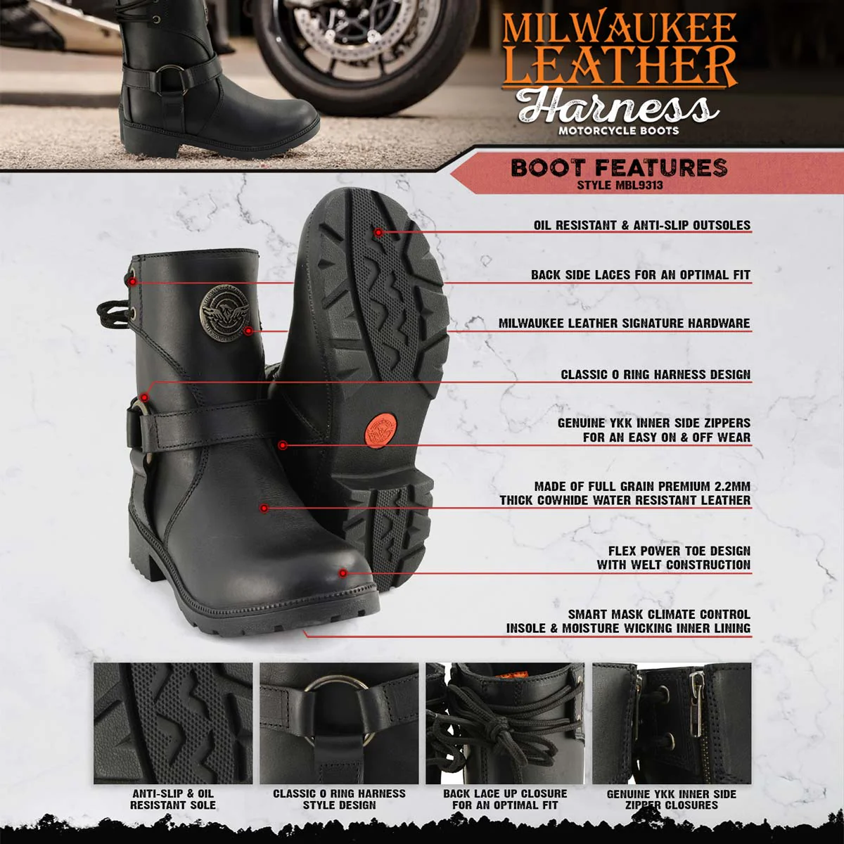 Milwaukee Leather MBL9317 Women's Black Leather Harness Zip-Up Motorcycle Rider Boots w/ Purple Back Laces - Image 2