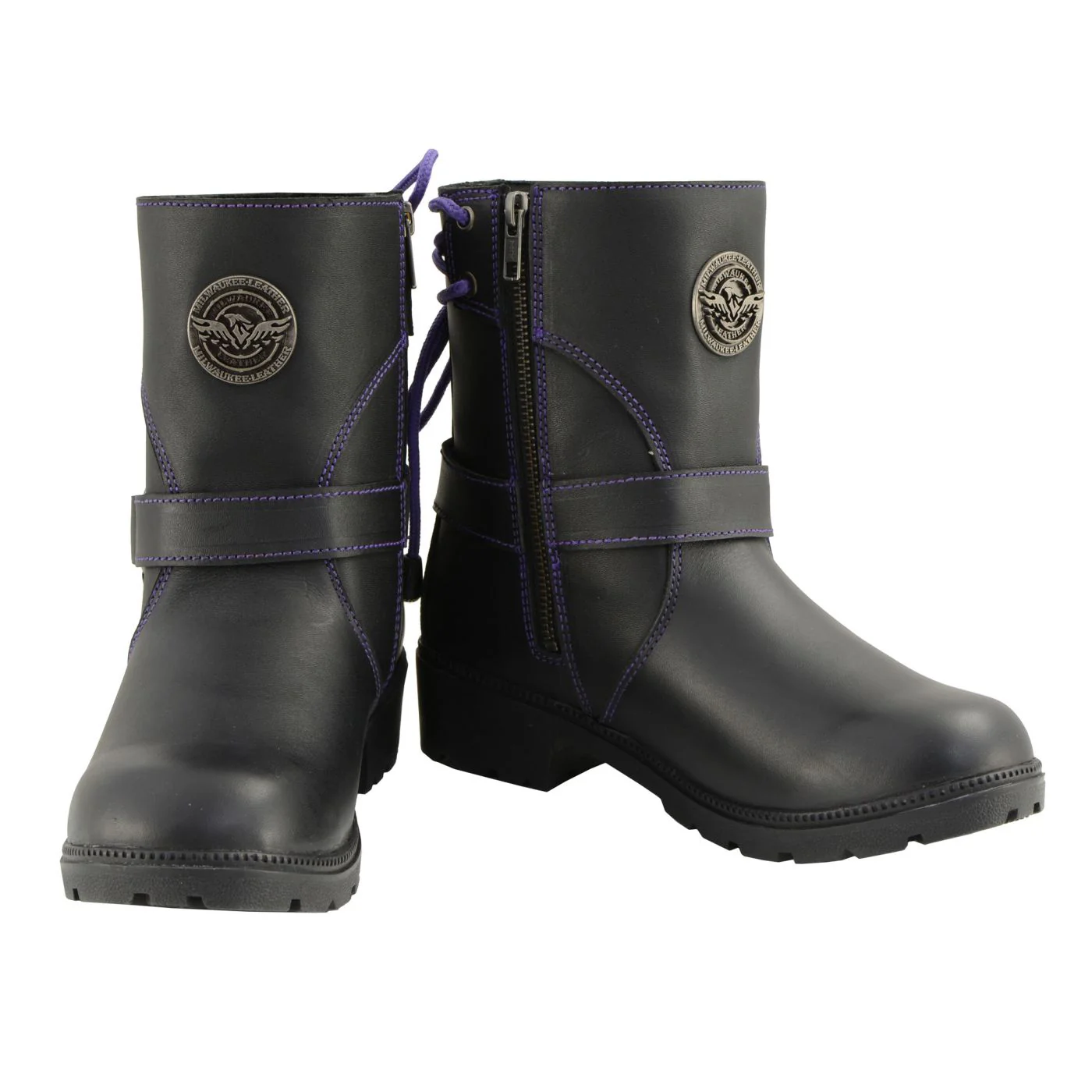 Milwaukee Leather MBL9317 Women's Black Leather Harness Zip-Up Motorcycle Rider Boots w/ Purple Back Laces - Image 4