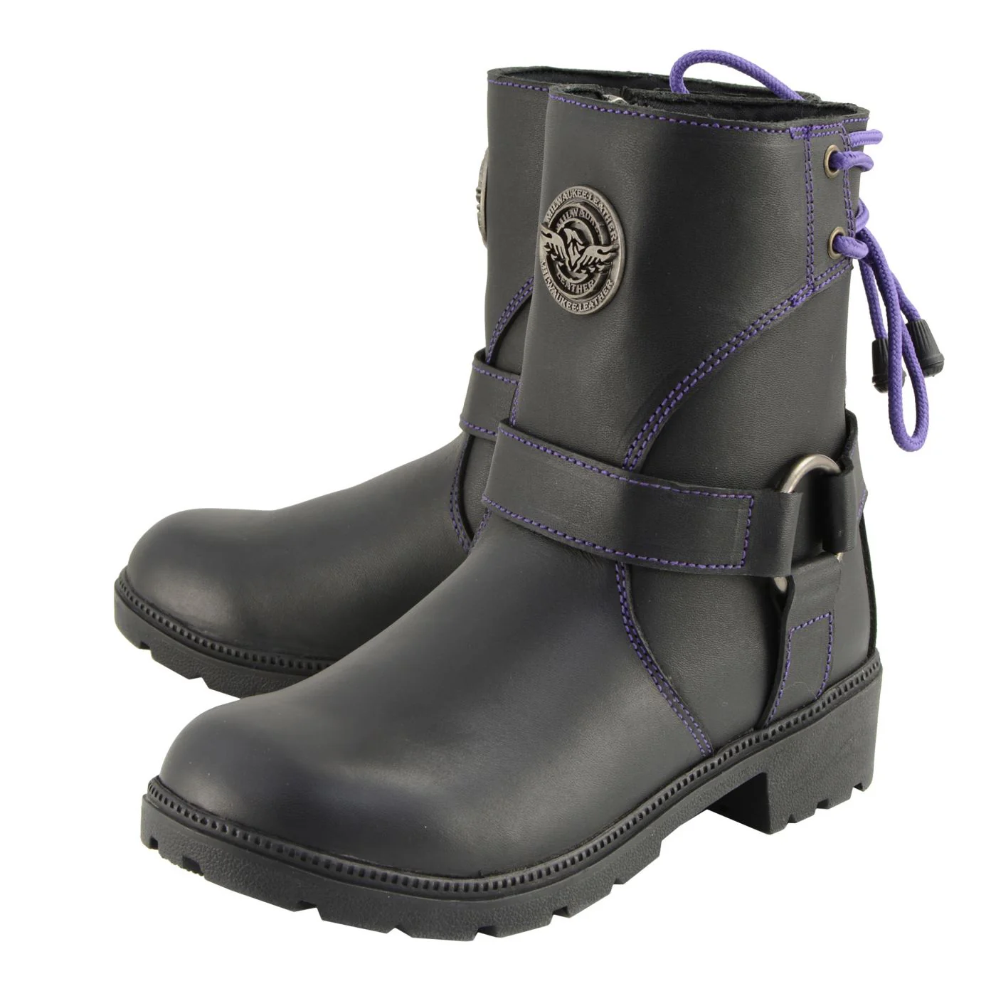 Milwaukee Leather MBL9317 Women's Black Leather Harness Zip-Up Motorcycle Rider Boots w/ Purple Back Laces - Image 6