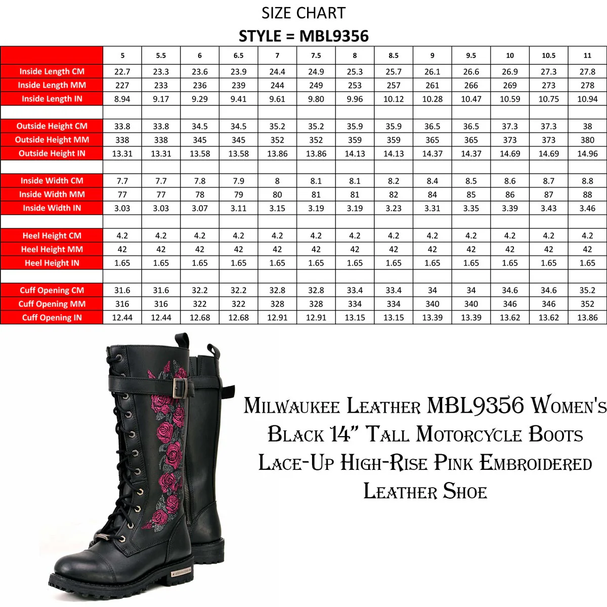 Milwaukee Leather MBL9356 Women's Black 14” Tall Motorcycle Boots Lace-Up High-Rise Pink Embroidered Leather Shoe - Image 3