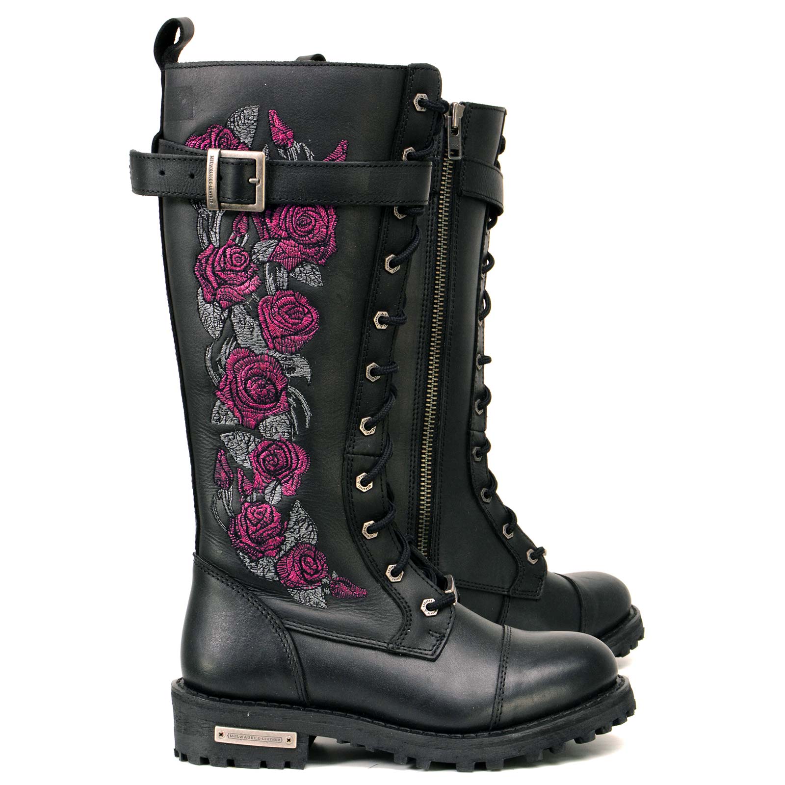 Milwaukee Leather MBL9356 Women's Black 14” Tall Motorcycle Boots Lace-Up High-Rise Pink Embroidered Leather Shoe - Image 9