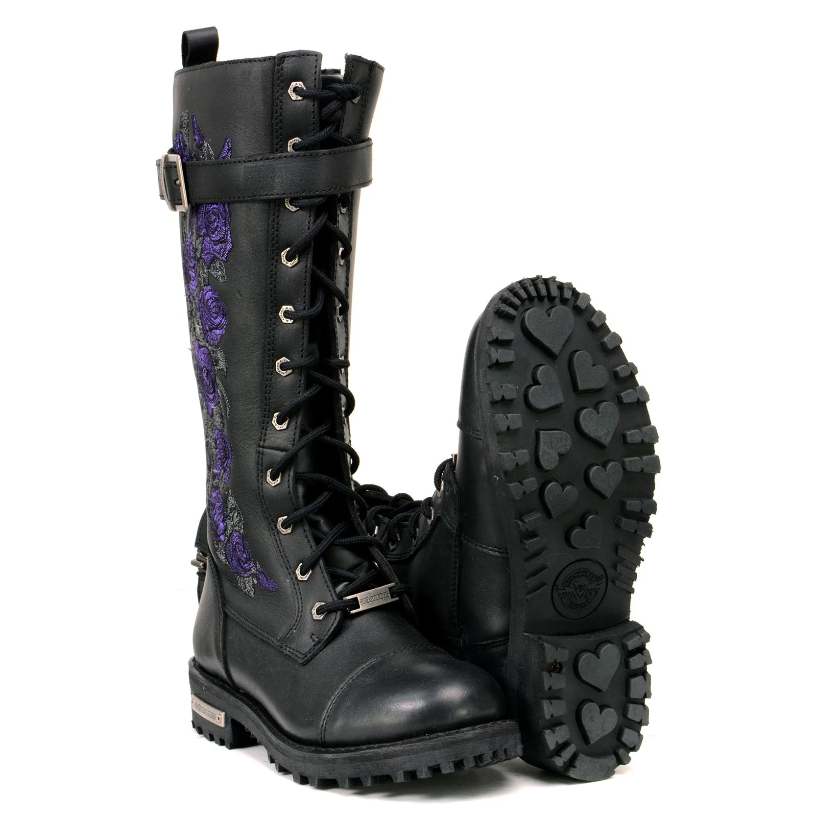 Milwaukee Leather MBL9357 Women's Black 14” Tall Motorcycle Boots Lace-Up High-Rise Purple Embroidered Leather Shoe - Image 2