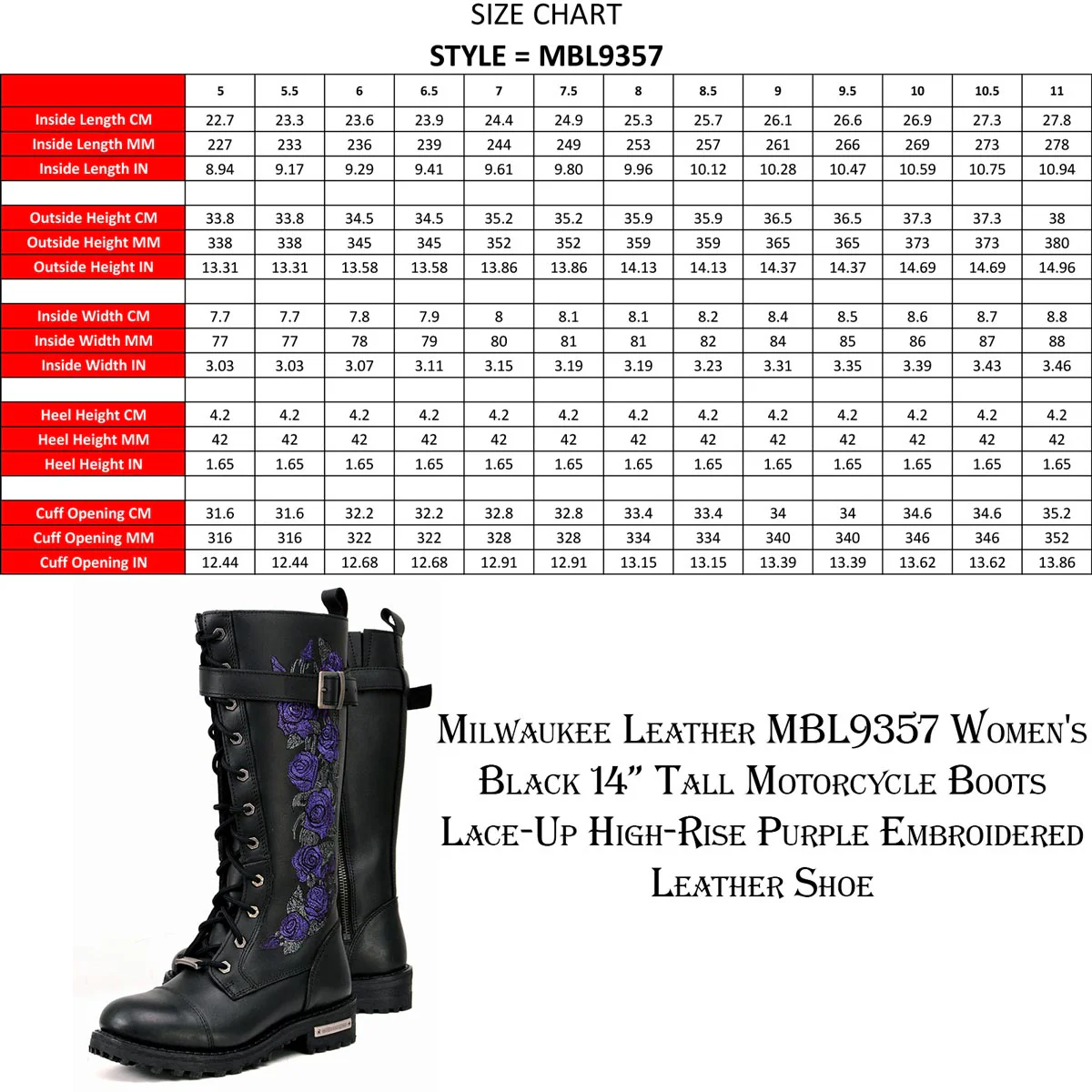 Milwaukee Leather MBL9357 Women's Black 14” Tall Motorcycle Boots Lace-Up High-Rise Purple Embroidered Leather Shoe - Image 3