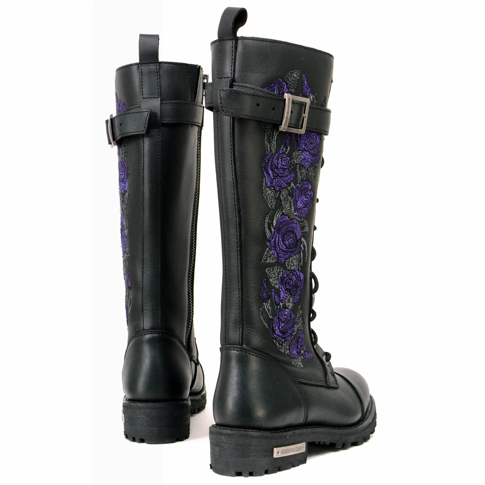 Milwaukee Leather MBL9357 Women's Black 14” Tall Motorcycle Boots Lace-Up High-Rise Purple Embroidered Leather Shoe - Image 4