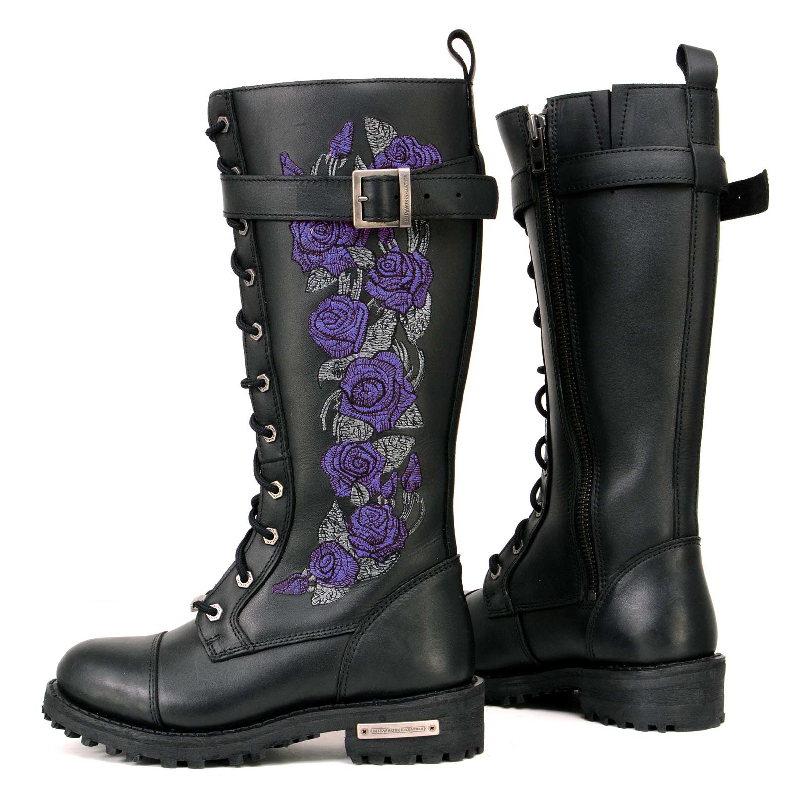 Milwaukee Leather MBL9357 Women's Black 14” Tall Motorcycle Boots Lace-Up High-Rise Purple Embroidered Leather Shoe - Image 6