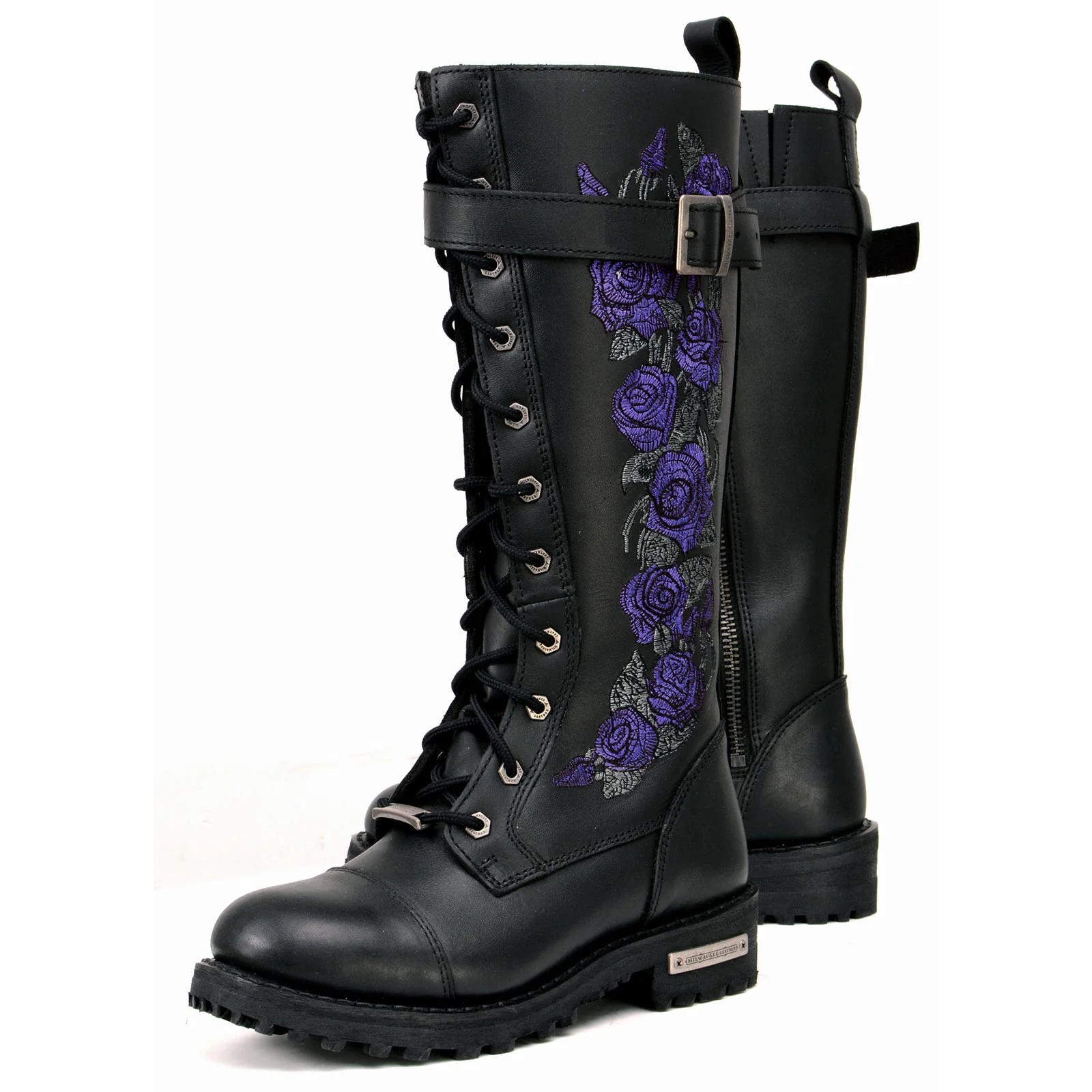 Milwaukee Leather MBL9357 Women's Black 14” Tall Motorcycle Boots Lace-Up High-Rise Purple Embroidered Leather Shoe - Image 7