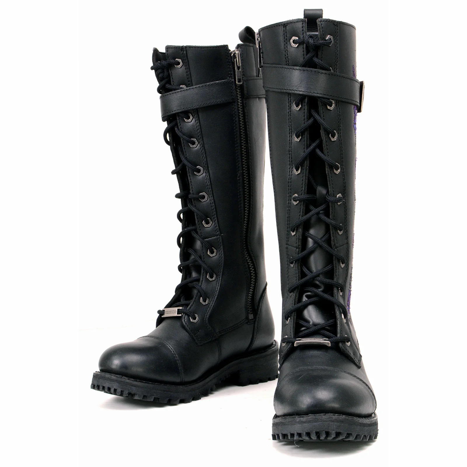 Milwaukee Leather MBL9357 Women's Black 14” Tall Motorcycle Boots Lace-Up High-Rise Purple Embroidered Leather Shoe - Image 8