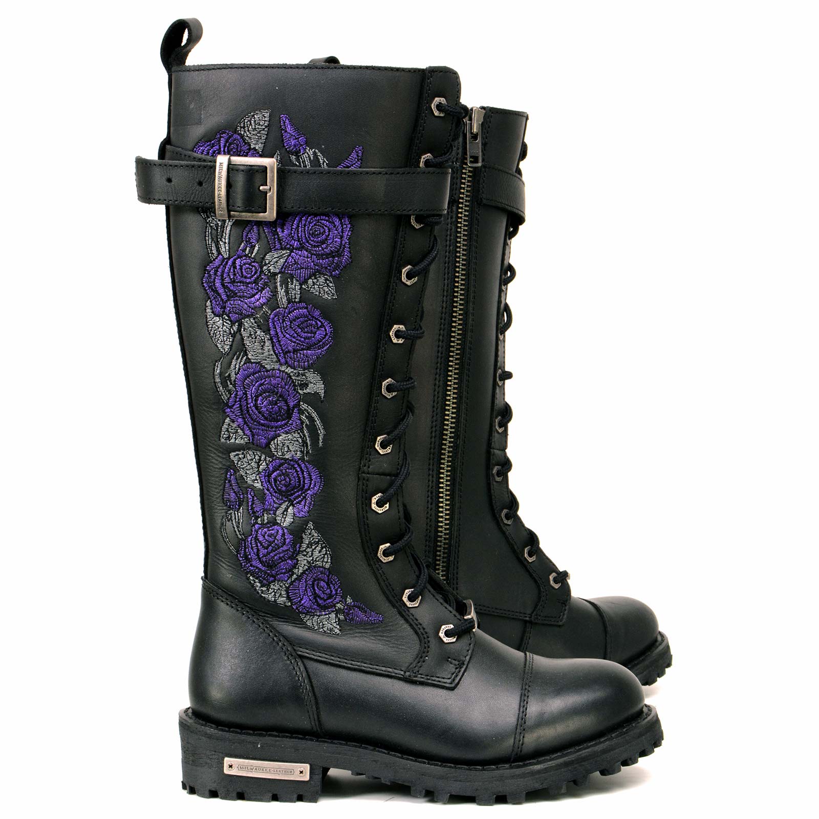 Milwaukee Leather MBL9357 Women's Black 14” Tall Motorcycle Boots Lace-Up High-Rise Purple Embroidered Leather Shoe - Image 9