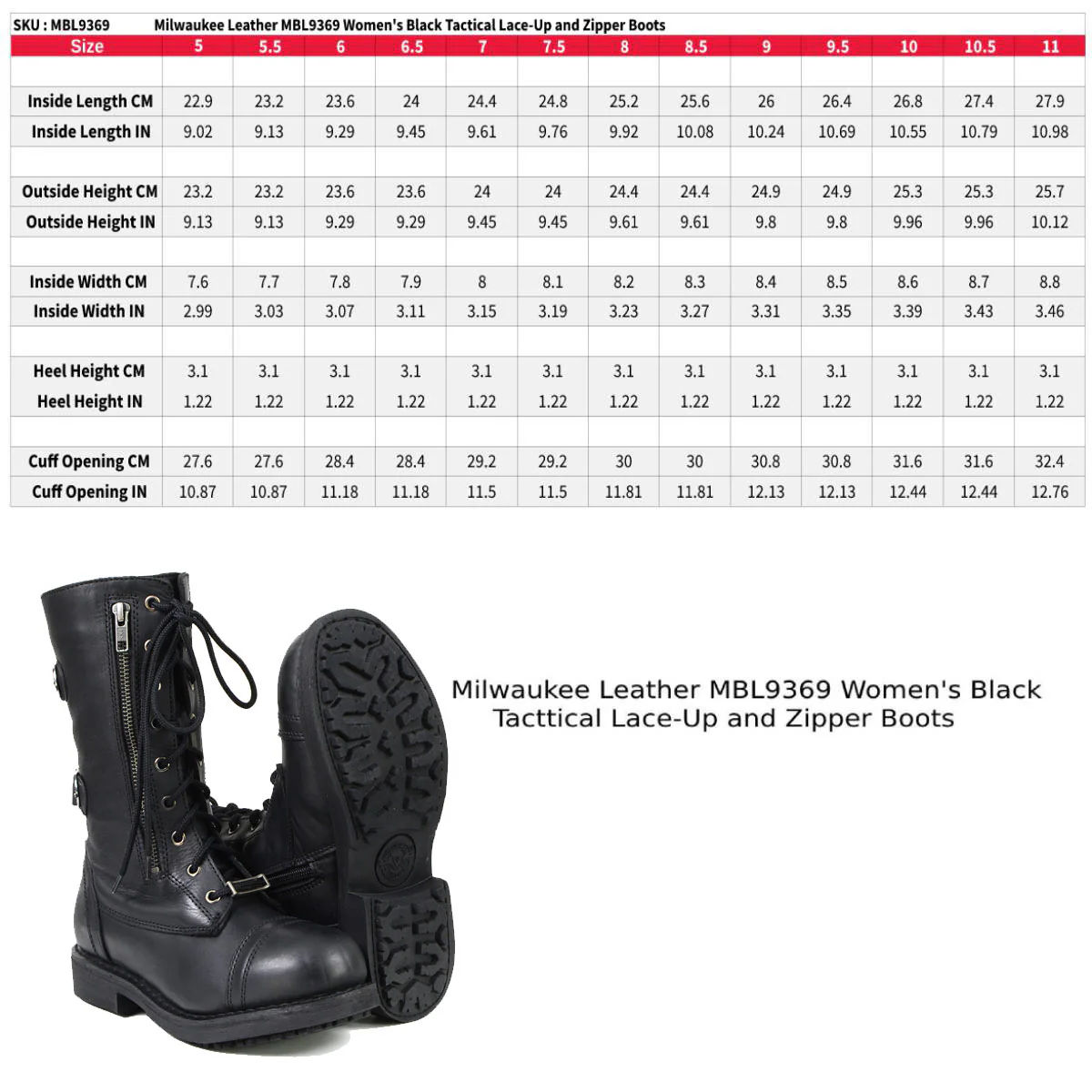 Milwaukee Leather Women's Graze Black Leather Lace-Up Motorcycle Boots with Zipper Pocket MBL9369 - Image 3