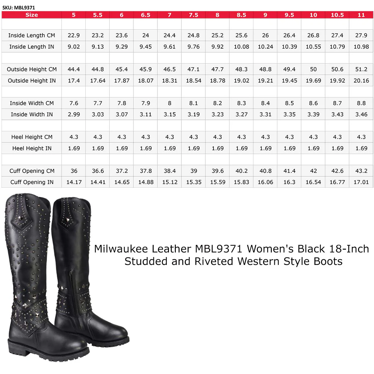 Milwaukee Leather MBL9371 Women's Black 18-Inch Leather Studded and Riveted Western Style Motorcycle Boots - Image 3