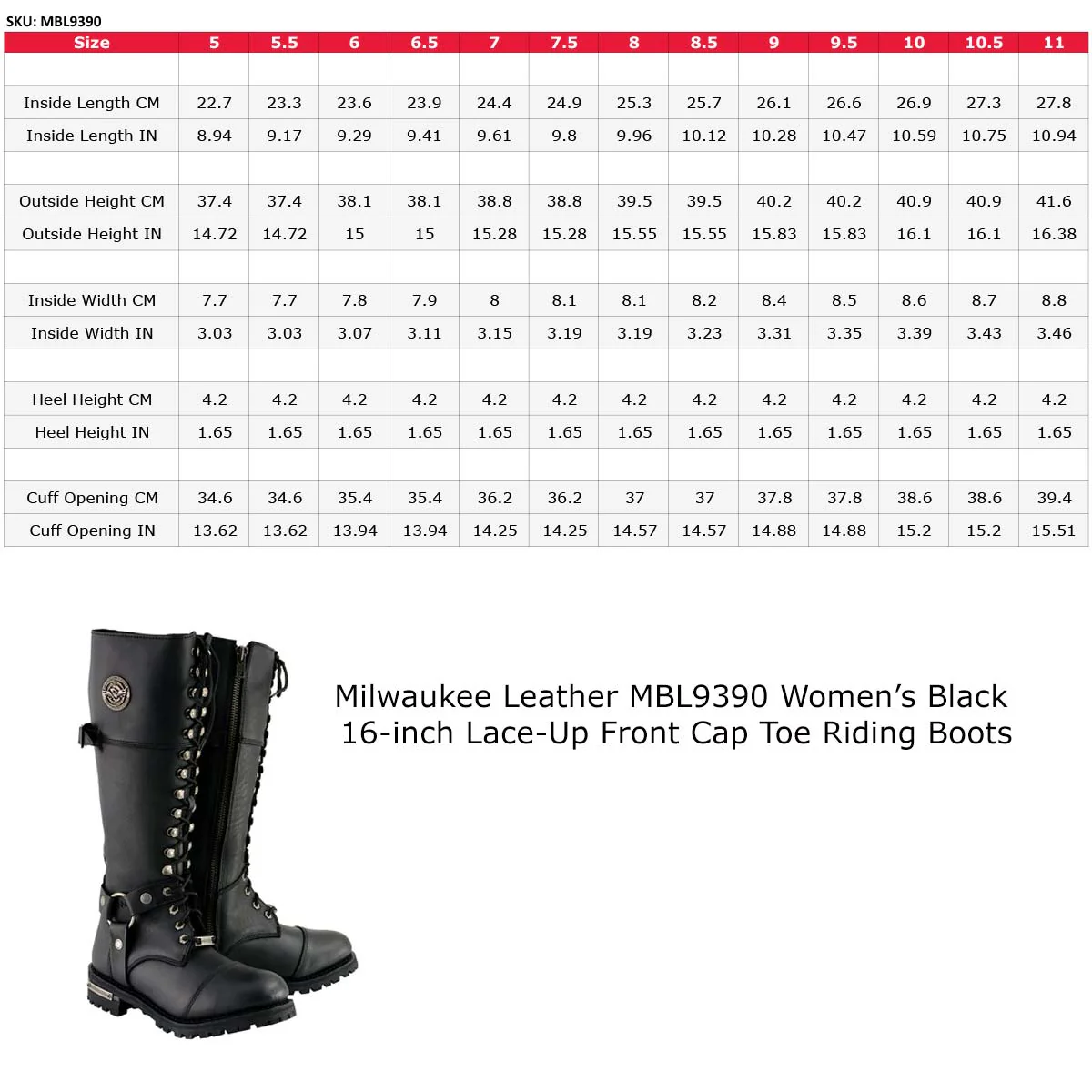 Milwaukee Leather MBL9390 Women’s Black 16-inch Lace-Up Front Cap Toe Motorcycle Riding Leather Boots - Image 3