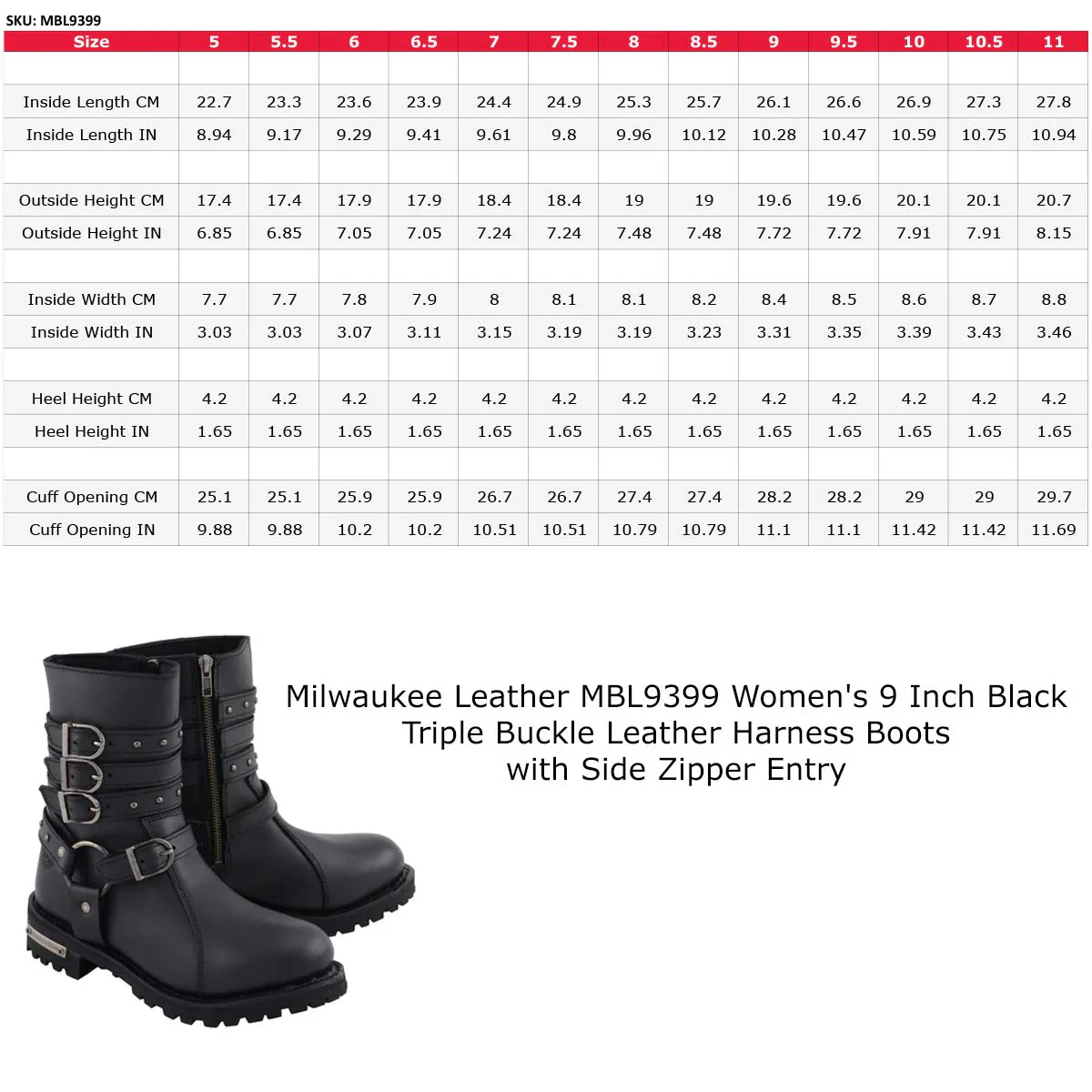 Milwaukee Leather MBL9399 Women's 9-Inch Triple Buckle Black Leather Harness Biker Boots w/ Side Zipper - Image 3