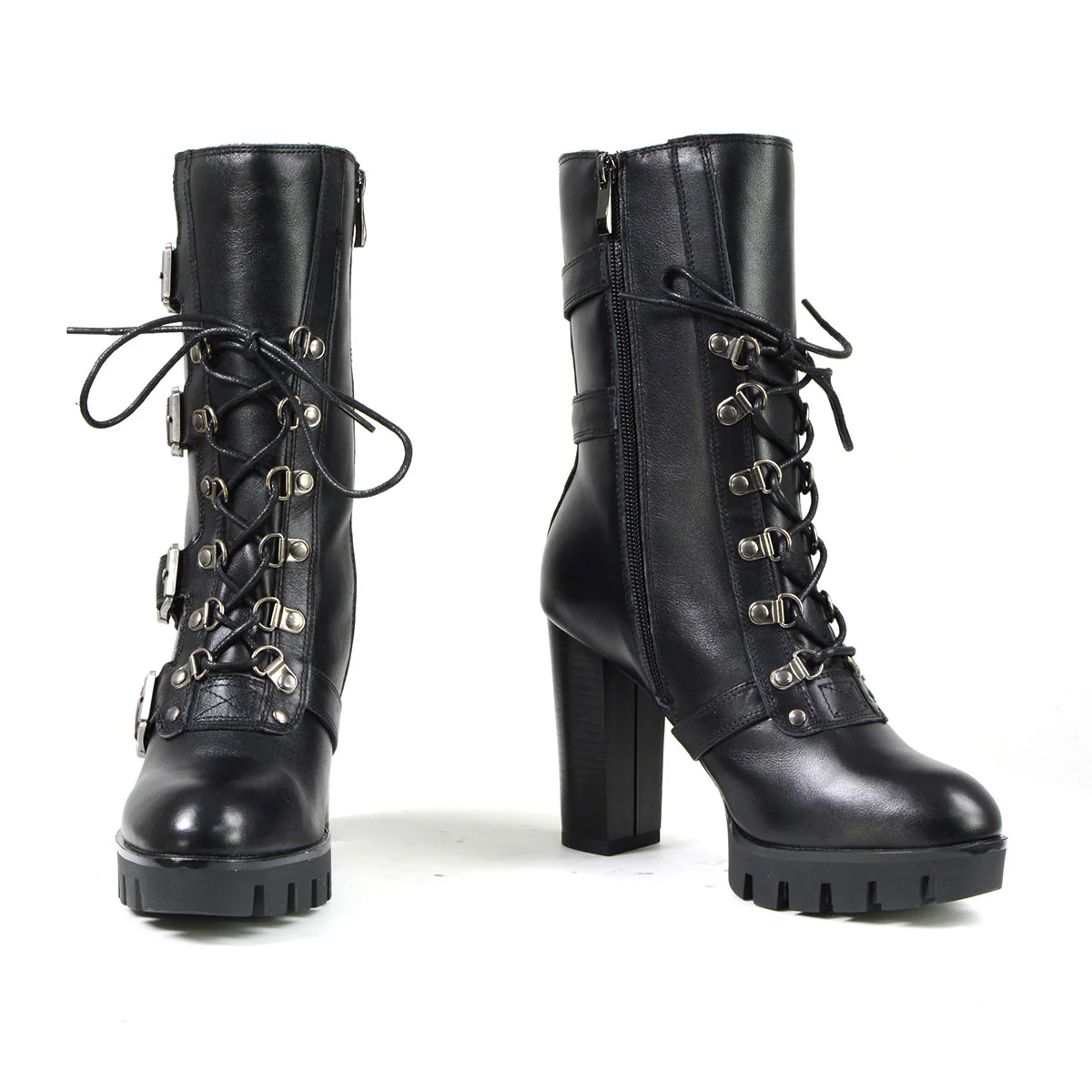 Milwaukee Leather MBL9459 Women's Premium Black Leather Buckles Platform Fashion Boots with Lace-Up Closure - Image 2