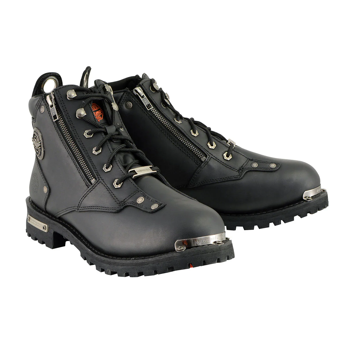 Milwaukee Leather MBM103W Men's Black Leather Lace-Up Wide-Width Biker Boots w/ DualSide Zipper Entry