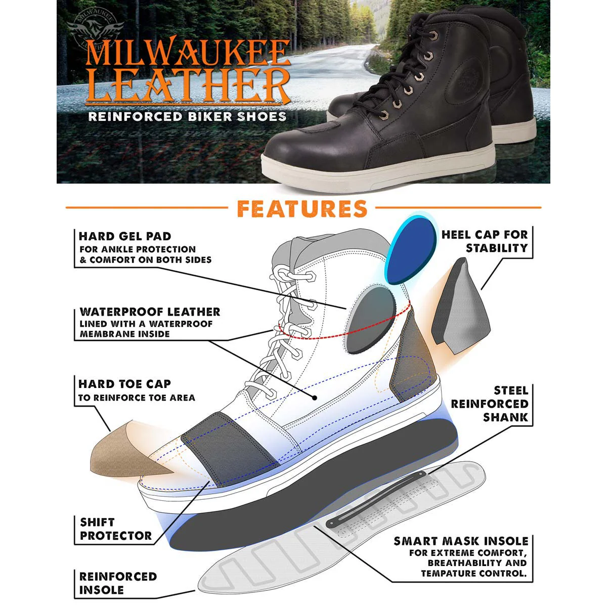 Milwaukee Leather MBM9002 Men's Black Leather Reinforced Street Biker Riding Shoes w/ Shift Protect Ankle Support - Image 2