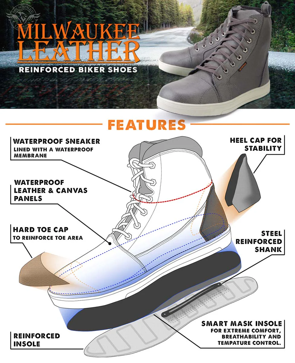 Milwaukee Leather MBM9003WP Men's Grey Leather and Canvas Reinforced Street Riding Waterproof Shoes with Ankle Support - Image 2