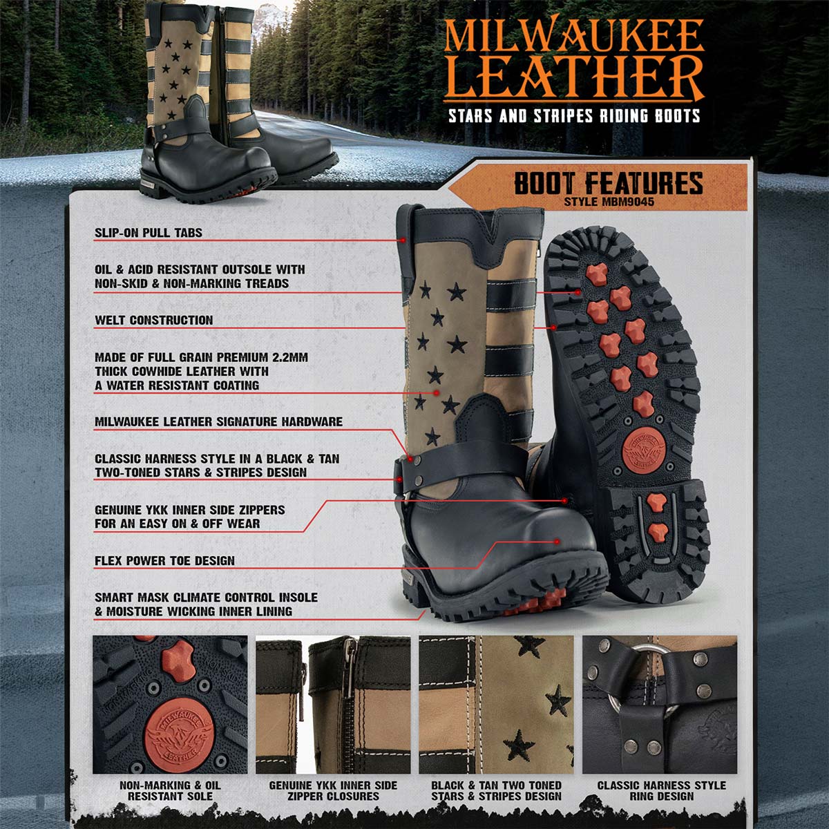 Milwaukee Leather Men's Stars and Stripes Black with Tan Motorcycle Rider Harness Boots MBM9045 - Image 2