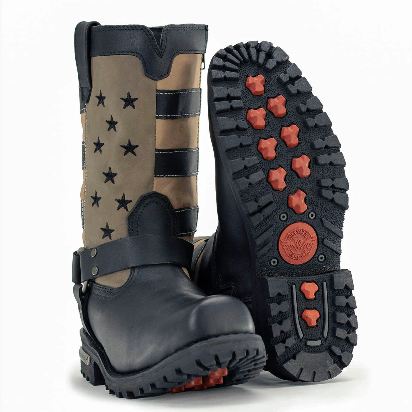 Milwaukee Leather Men's Stars and Stripes Black with Tan Motorcycle Rider Harness Boots MBM9045 - Image 5