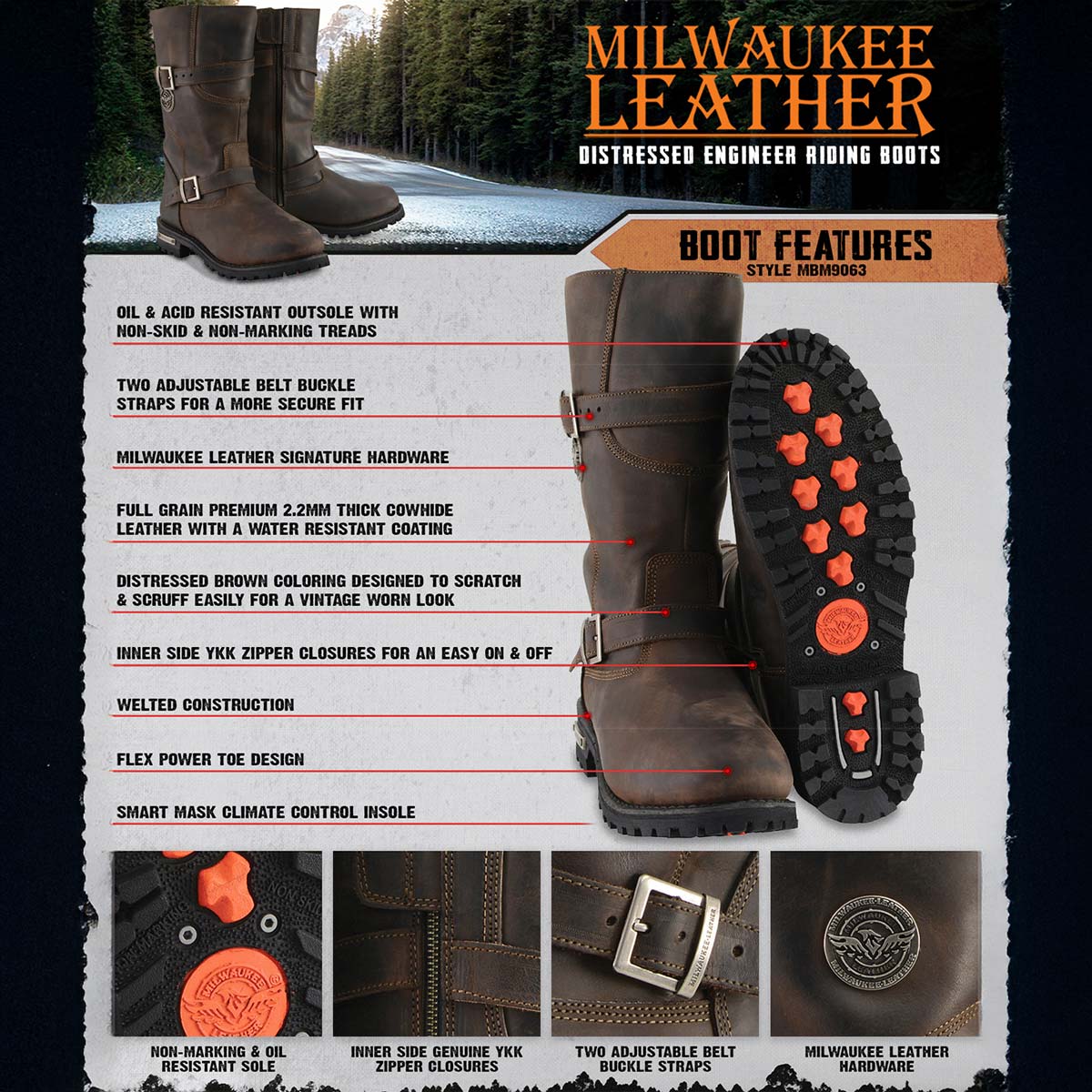 Milwaukee Leather MBM9063 Men's Classic Distressed Brown Leather Motorcycle Engineer Riding Biker Boots - Image 2