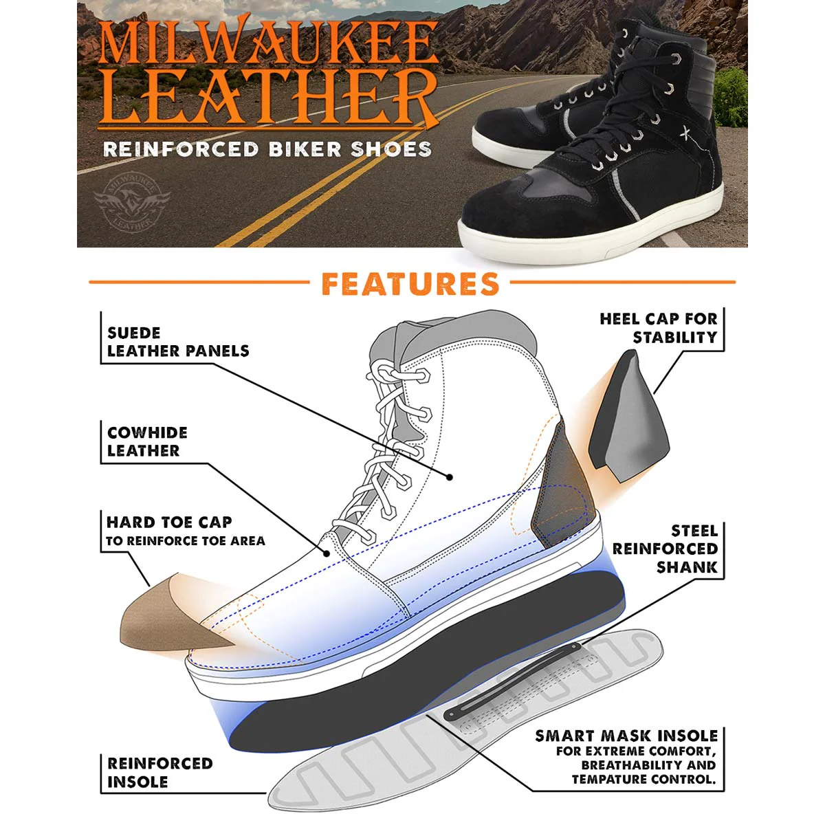 Milwaukee Leather MBM9101 Men's Black Leather and Suede Reinforced Street Riding Shoes with Ankle Support - Image 2