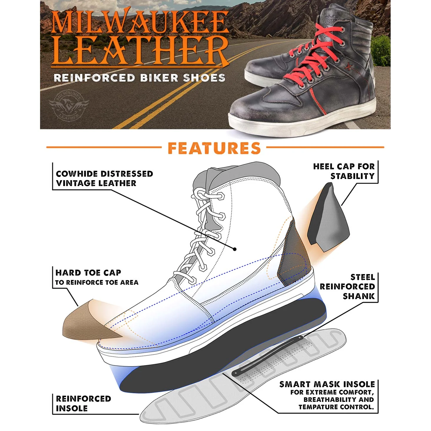 Milwaukee Leather MBM9103 Men's Vintage Leather Brown w/ Red Laces High-Top Reinforced Street Riding Casual Shoes - Image 2