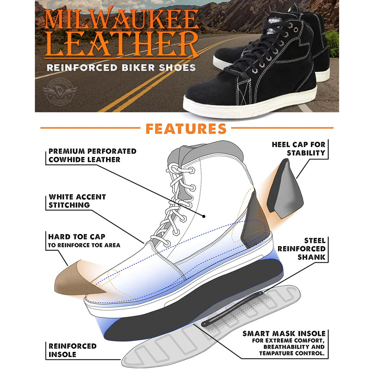 Milwaukee Leather MBM9107 Men's Black Suede Leather w/ White Stitching Reinforced Street Riding Shoes w/ Ankle Support - Image 2