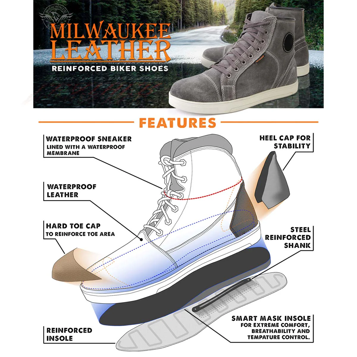 Milwaukee Leather MBM9109 Men's Grey Suede Leather Reinforced Street Riding Waterproof Shoes w/ Ankle Support - Image 2