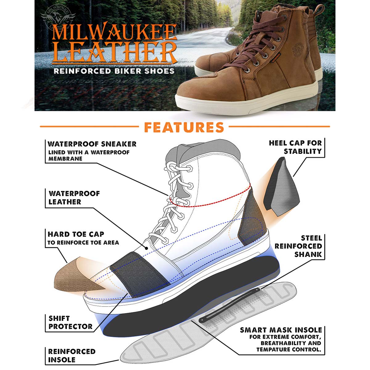Milwaukee Leather MBM9113 Men's Brown Waterproof Leather Motorcycle Reinforced Riding Shoes w/ Ankle Support - Image 2
