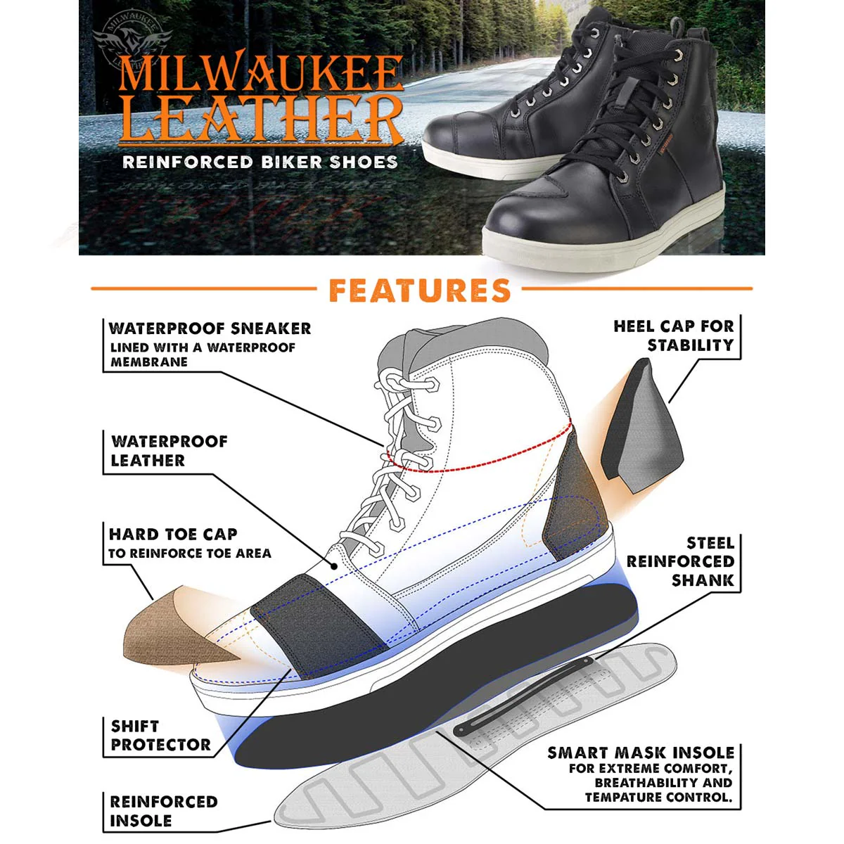 Milwaukee Leather MBM9114 Men's Black Waterproof Leather Street Riding Shoes with Shift Protection and Ankle Support - Image 2