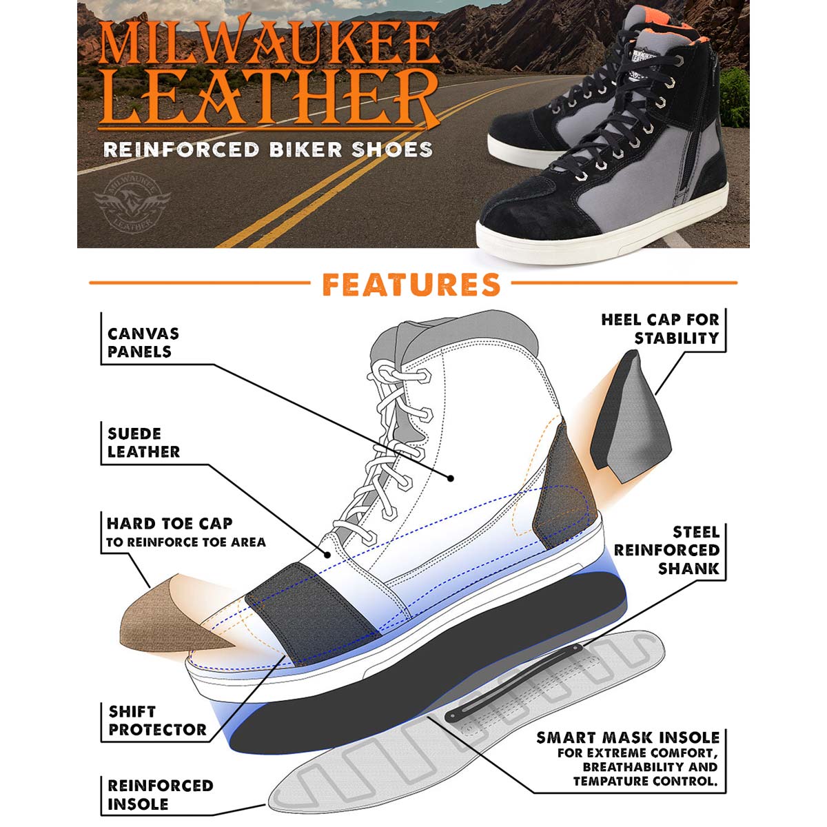 Milwaukee Leather MBM9116 Men's Black Suede and Grey Canvas Street Riding Shoes with Dual Closure and Ankle Support - Image 2